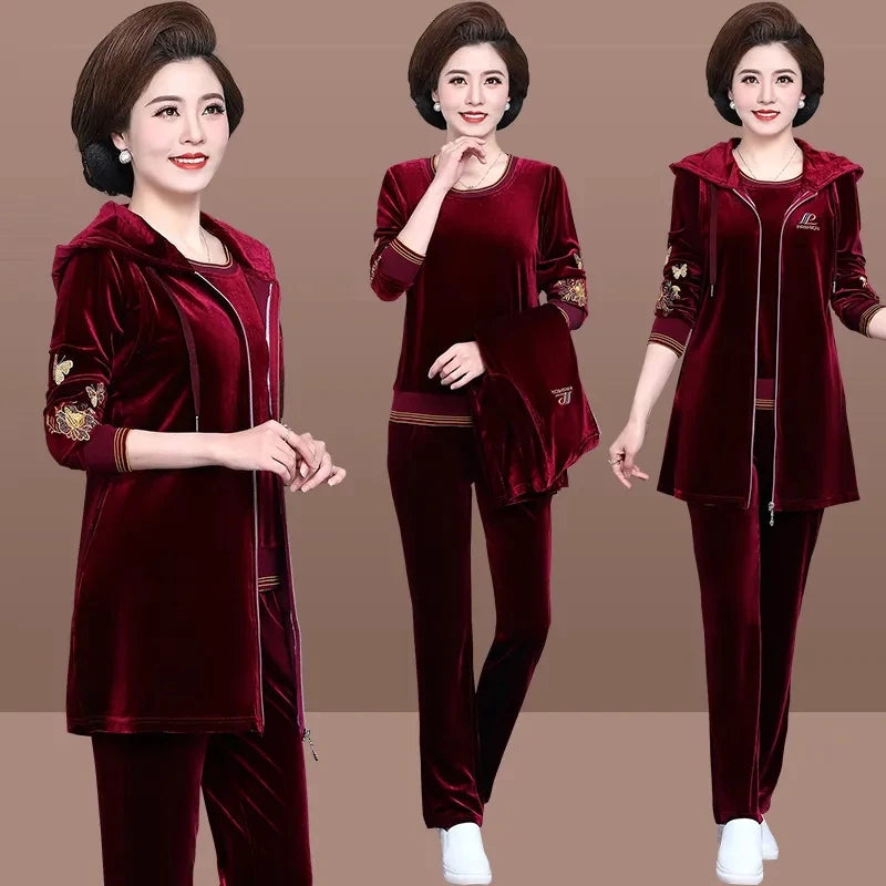 Women Velvet Tracksuit Embroidered Plus Size 3 Piece Outfit