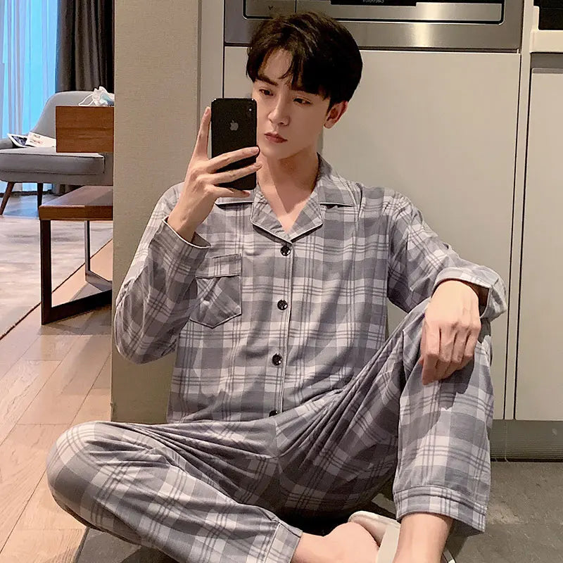 High Quality Autumn Pajamas Mens Milk Silk Sleepwear Long Sleeve 2 Pieces Pajama Set Men Casual Style
