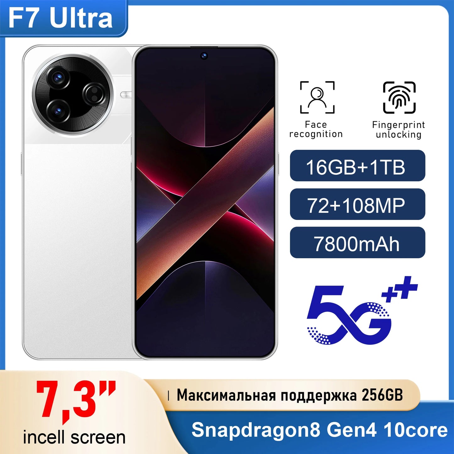 Latest Style F7 Ultra  Original Smart Mobile Phone 7.3-inch HD Screen MTK Dimensity Series CPU 16GB+1TB 108MP Rear Camera