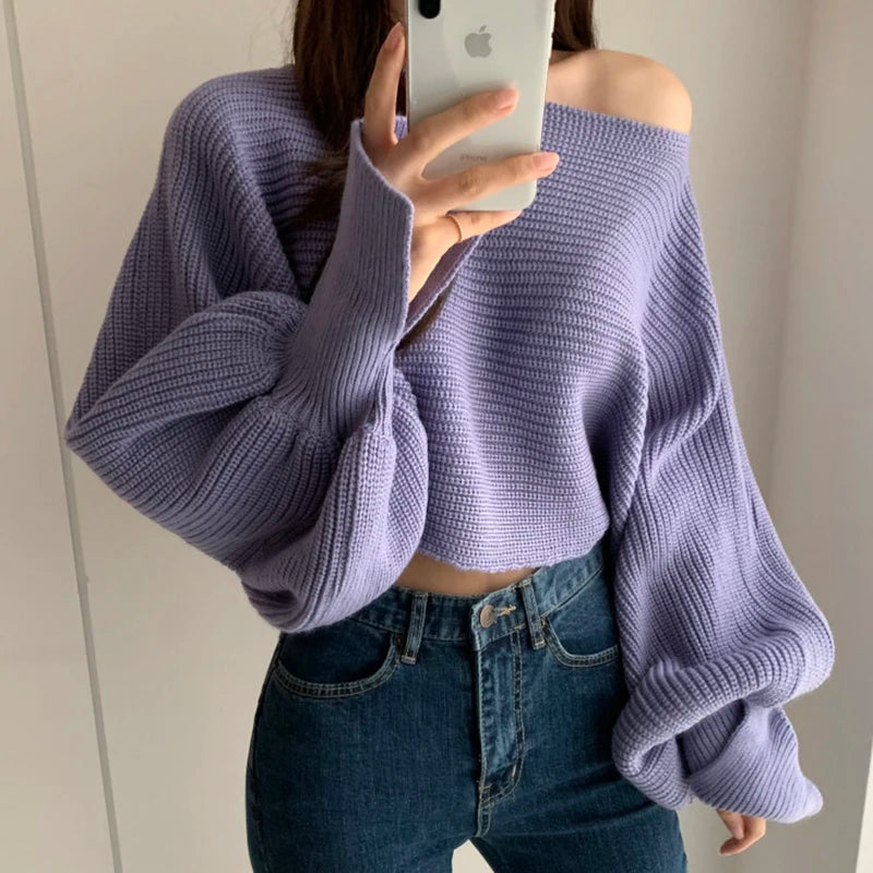 Women Neck Split Design Sleeve Lantern High Waist Short Kitted Sweater