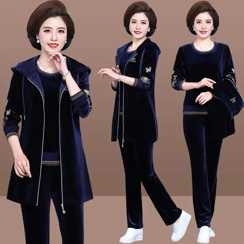 Women Velvet Tracksuit Embroidered Plus Size 3 Piece Outfit
