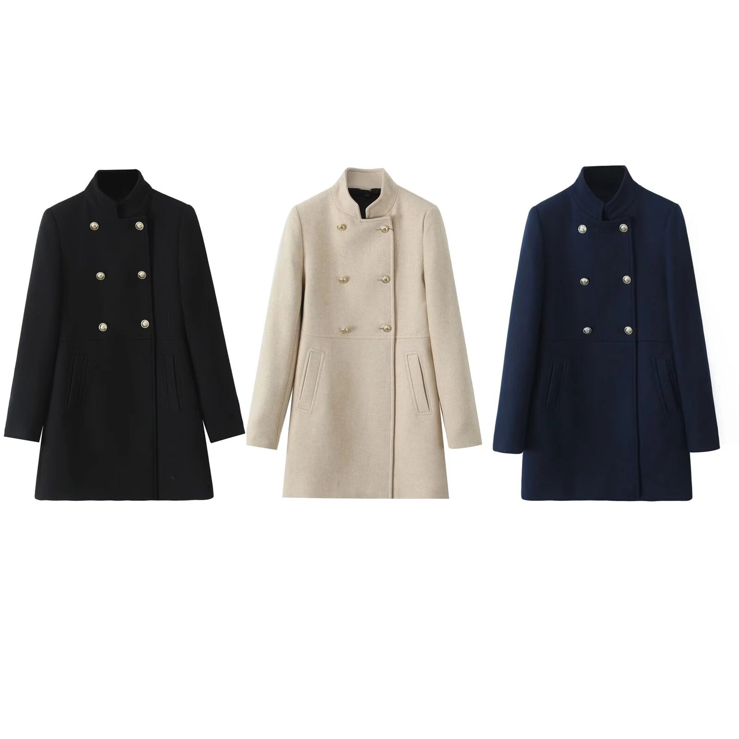Autumn and Winter Gold Button Double-breasted Stand-up Collar Long-sleeved Coat Jacket