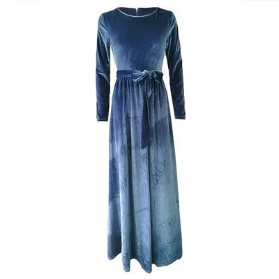 Women's Solid Color Round Neck High Waist Velvet Dresses Lace Long Dress