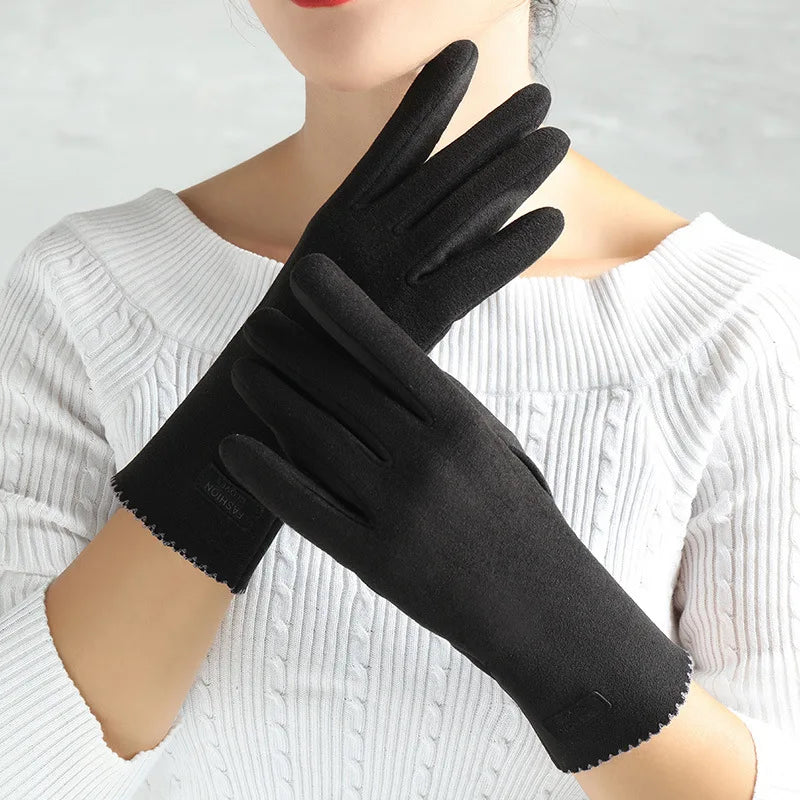 Women Slim Vintage Windproof Touch Screen Suede Winter Gloves