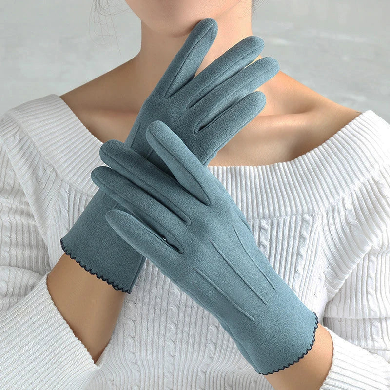 Women Slim Vintage Windproof Touch Screen Suede Winter Gloves