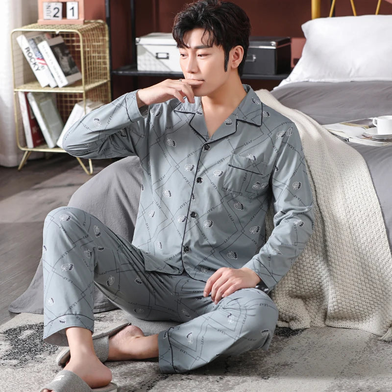 High Quality Autumn Pajamas Mens Milk Silk Sleepwear Long Sleeve 2 Pieces Pajama Set Men Casual Style