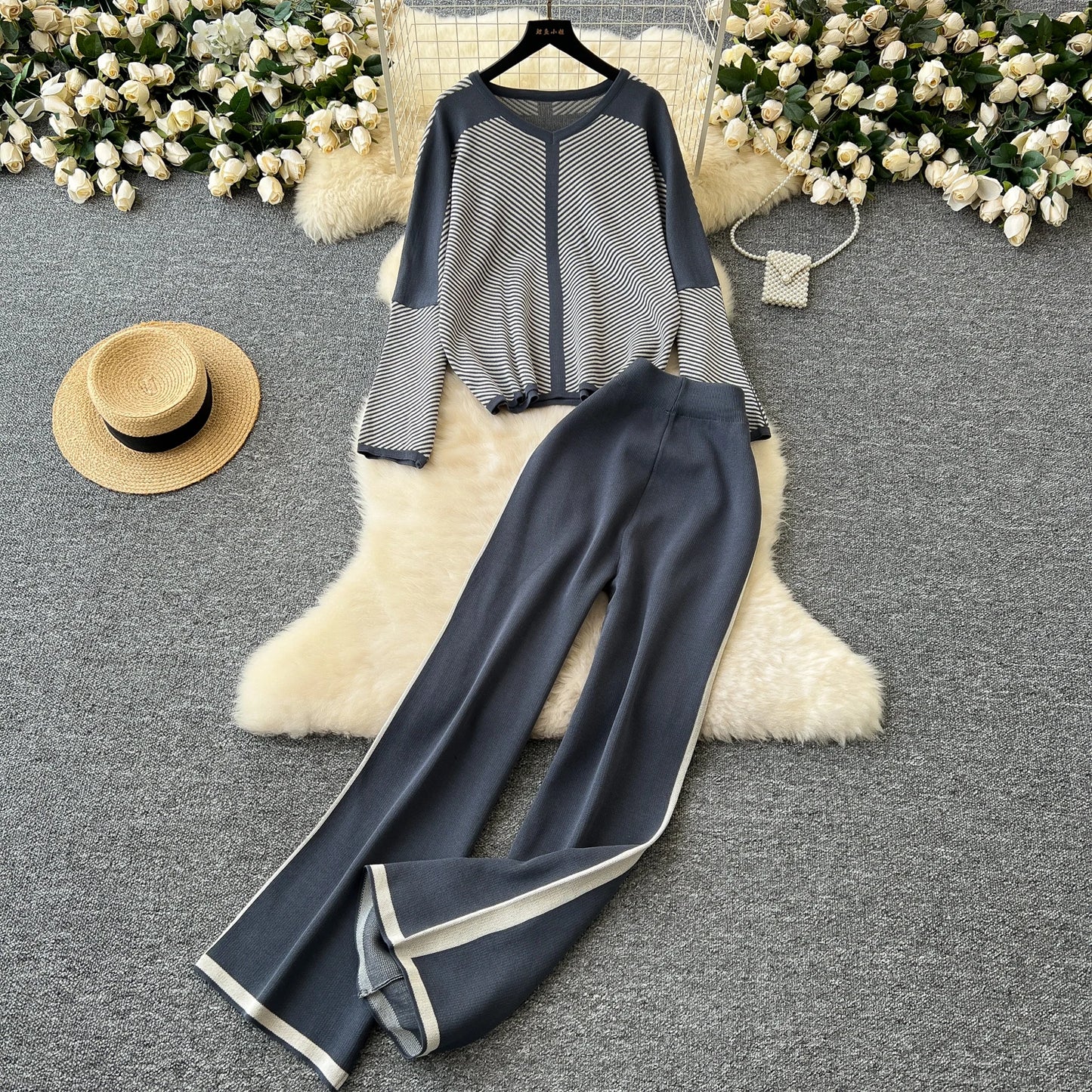 Women Knitted V-Neck Sweater and Pants High Waist Jogging Suits