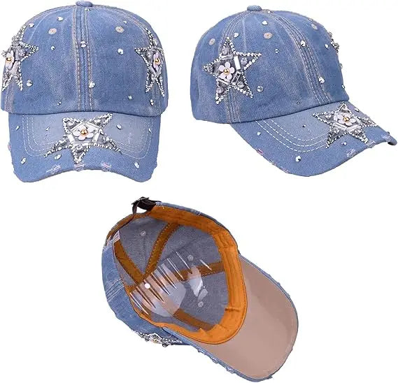 Women's Shiny Bling Denim Diamonds Hat Sparkling Rhinestone Baseball Cap