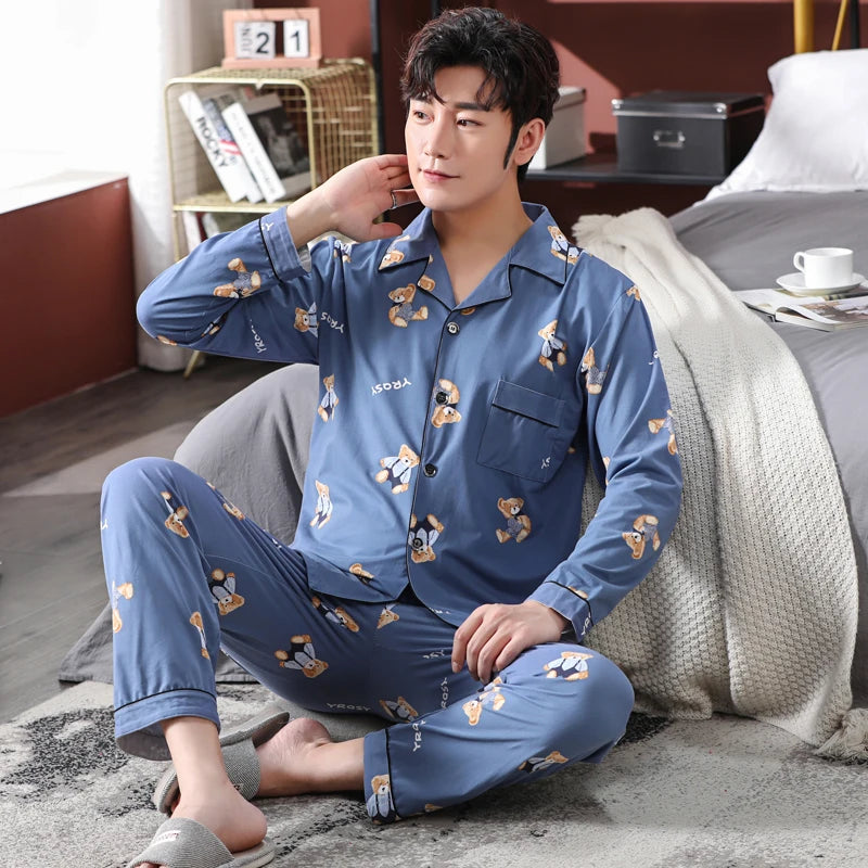 High Quality Autumn Pajamas Mens Milk Silk Sleepwear Long Sleeve 2 Pieces Pajama Set Men Casual Style