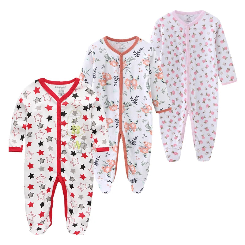 0-12Months Baby Rompers Newborn Pajamas Girls Boys 100% Cotton Long Sleeve 1/2/3 Pieces