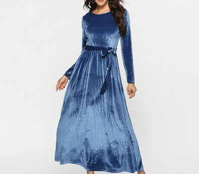 Women's Solid Color Round Neck High Waist Velvet Dresses Lace Long Dress