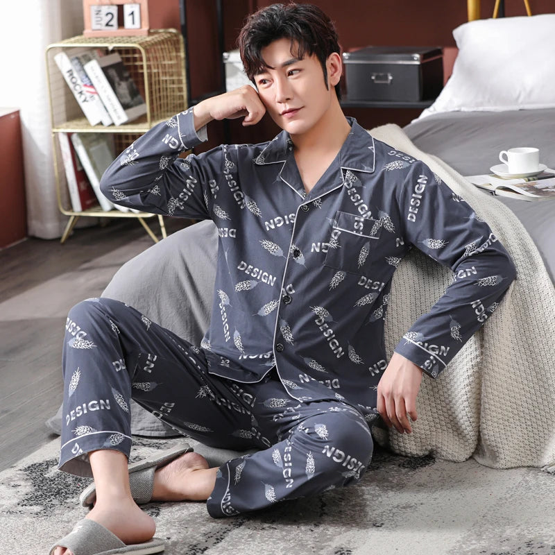 High Quality Autumn Pajamas Mens Milk Silk Sleepwear Long Sleeve 2 Pieces Pajama Set Men Casual Style