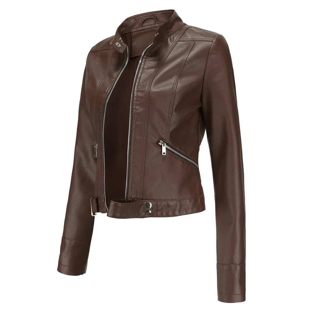 Women PU Leather Short Jacket With Belt Stand-up Collar Zipper Biker Coat