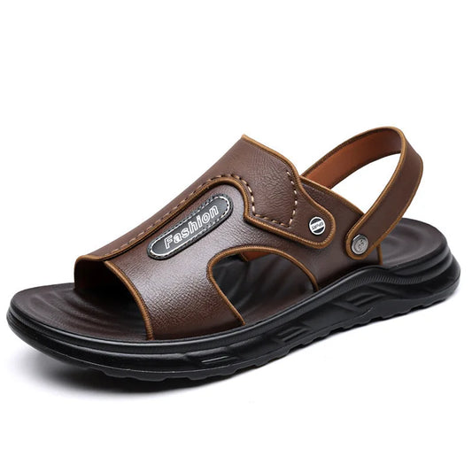 Xuanhui Men's Durable Non-Slip Flat Heel Sandals Thick Sole Breathable PU Insole Summer Beach Shoes