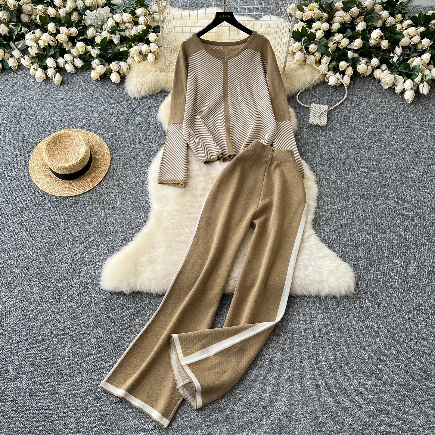 Women Knitted V-Neck Sweater and Pants High Waist Jogging Suits