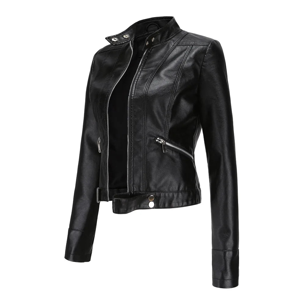 Women PU Leather Short Jacket With Belt Stand-up Collar Zipper Biker Coat