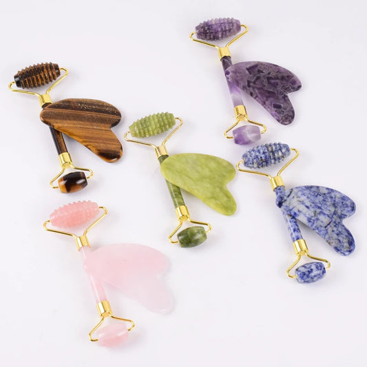 Acupuncture Massager Sawtooth Jade Roller Face Care Massage Tool Natural Rose Quartz Stone Gua Sha Health Neck Relax