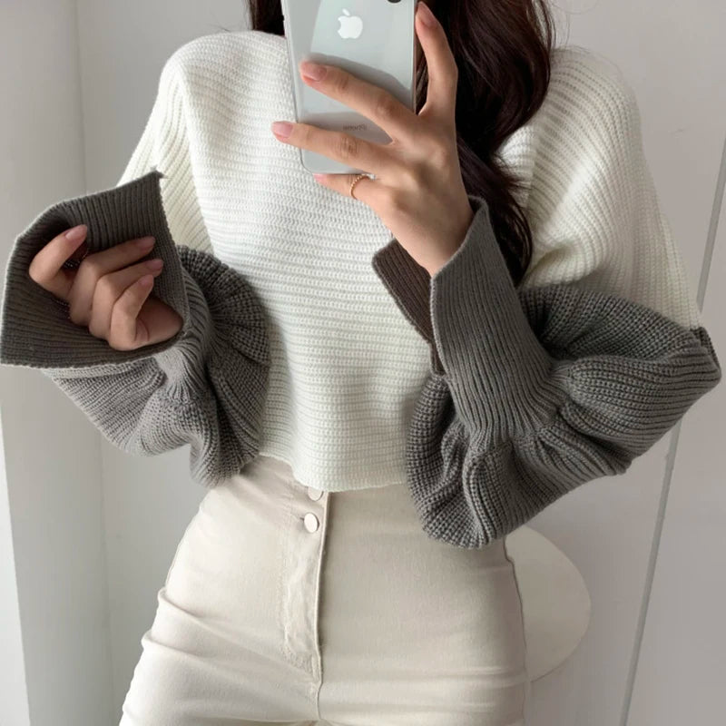 Women Neck Split Design Sleeve Lantern High Waist Short Kitted Sweater