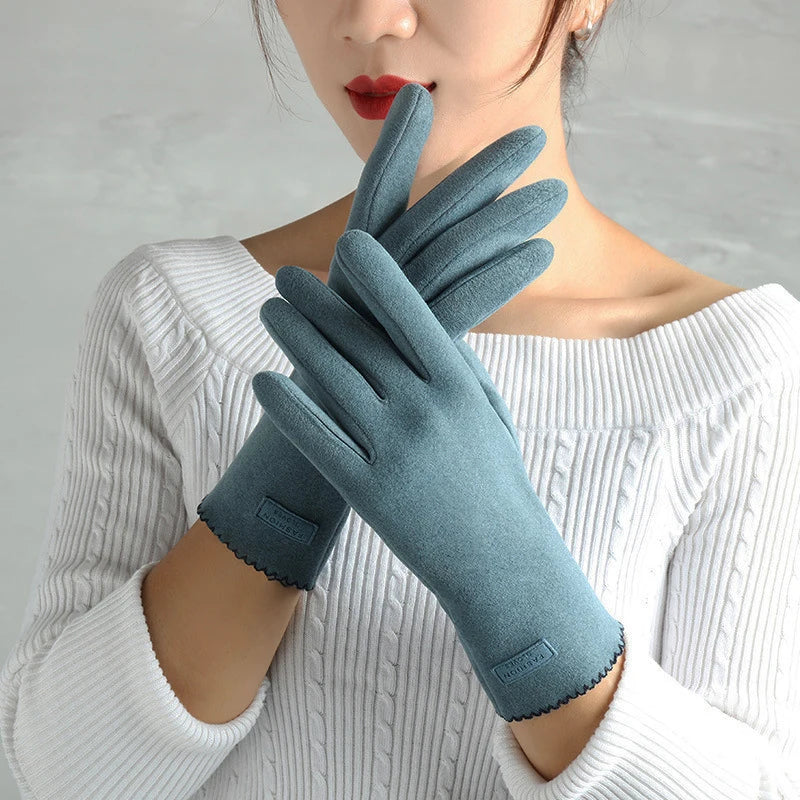 Women Slim Vintage Windproof Touch Screen Suede Winter Gloves