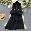 Spring Vintage Tunic Slim Casual Midi Dress For Women Lantern Sleeve Empire Lace Dress