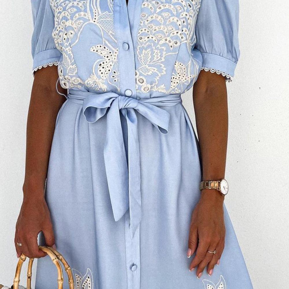 Elegant Embroidered Women Maxi Dress Chic Lapel Long Sleeve High Waist Lace Up Dresses