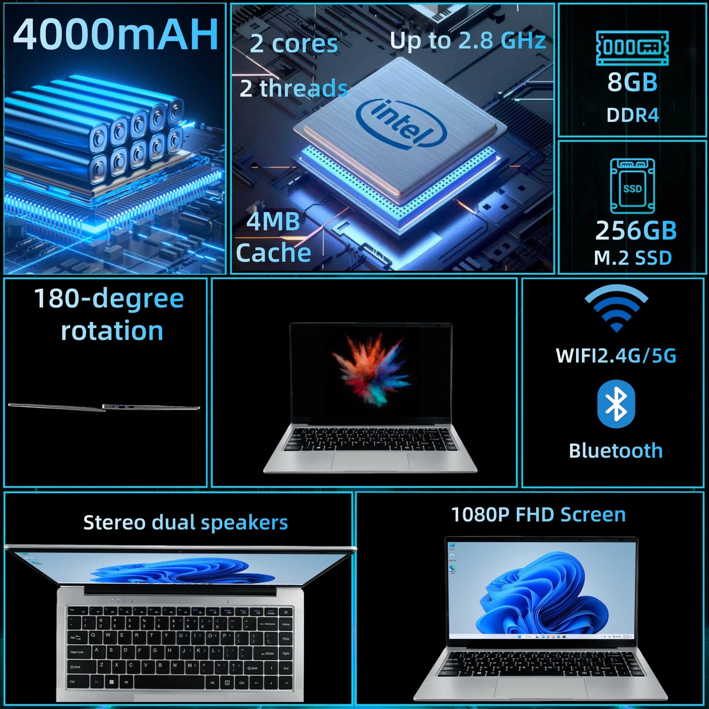 14 Inch Netbook Intel Celeron N4500 Quad Core 8GB 512GB SSD Plastic Body Light Weight Laptop for Work Study