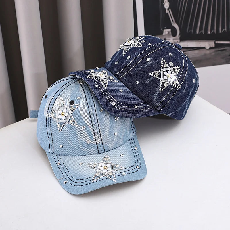 Women's Shiny Bling Denim Diamonds Hat Sparkling Rhinestone Baseball Cap