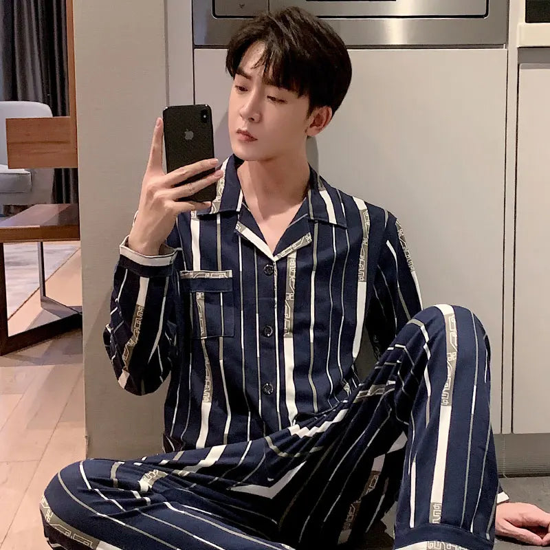 High Quality Autumn Pajamas Mens Milk Silk Sleepwear Long Sleeve 2 Pieces Pajama Set Men Casual Style