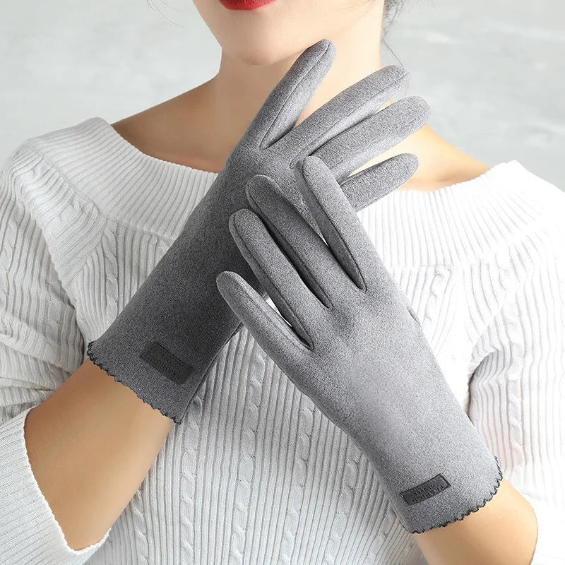 Women Slim Vintage Windproof Touch Screen Suede Winter Gloves