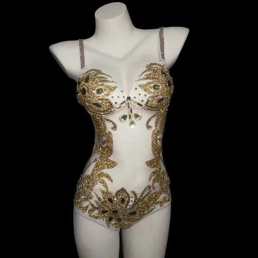 Sparkly Gold Crystals Feather Women Bodysuit
