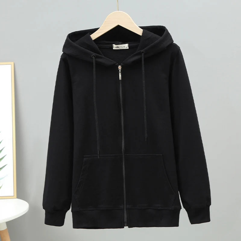 100% Cotton Women Hoodies Large Size Solid Zipper Casual Hooded Oversized Sweatshirt