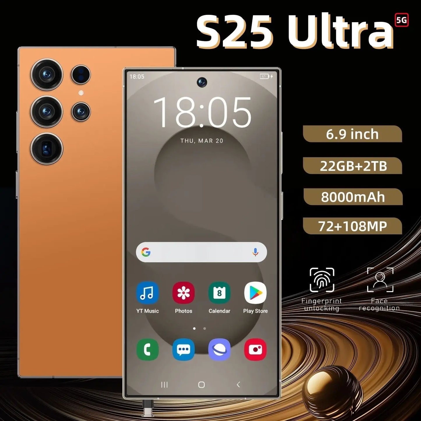 2025 S25 Ultra 5G Smartphone Dual SIM Full HD 6.9 Inch Display Face Recognition 22GB+2TB Android 15 100W Quick Charge Multilingual