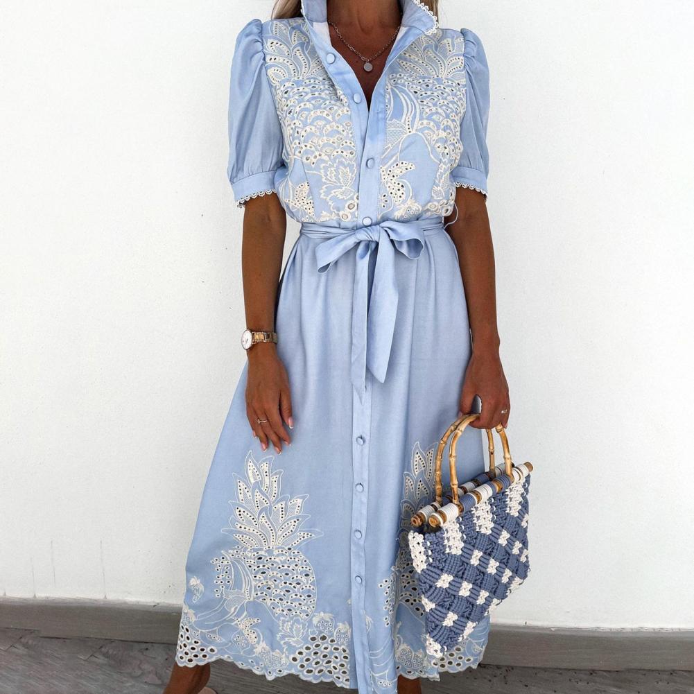 Elegant Embroidered Women Maxi Dress Chic Lapel Long Sleeve High Waist Lace Up Dresses