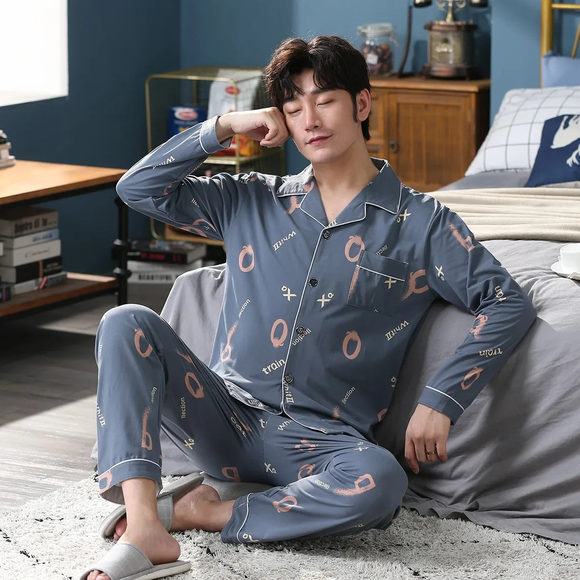 High Quality Autumn Pajamas Mens Milk Silk Sleepwear Long Sleeve 2 Pieces Pajama Set Men Casual Style