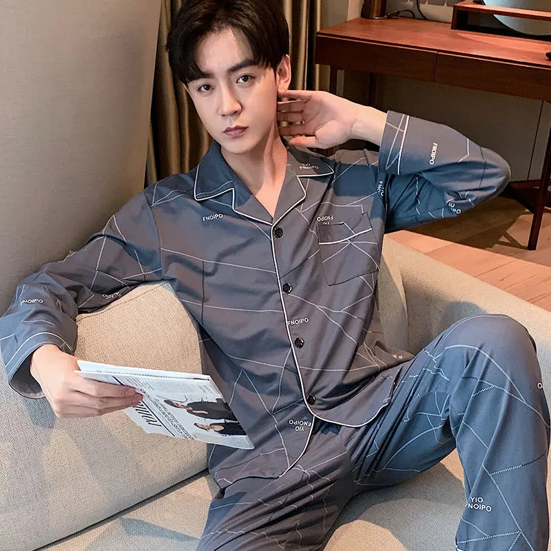 High Quality Autumn Pajamas Mens Milk Silk Sleepwear Long Sleeve 2 Pieces Pajama Set Men Casual Style