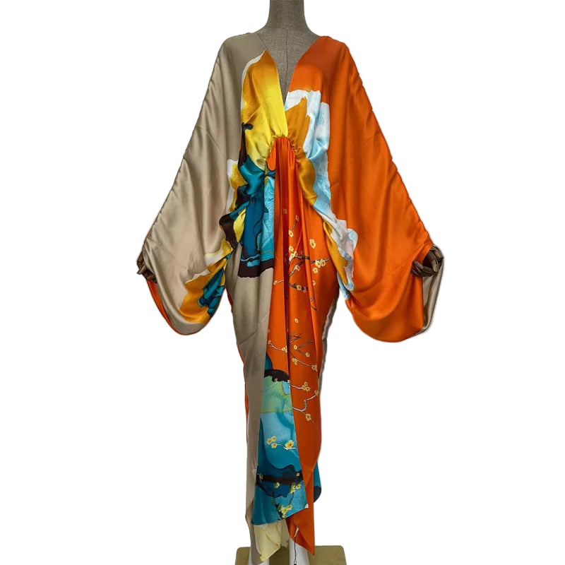 Sexy Silk Long Maxi Robe Women V-neck Bohemian Dress