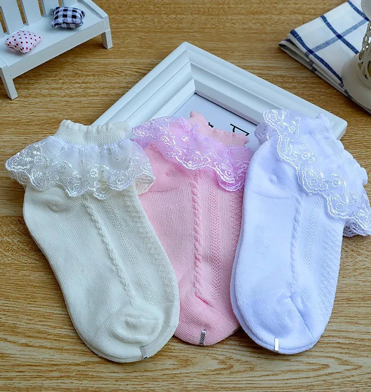 Breathable Cotton Socks with Ruffle Lace