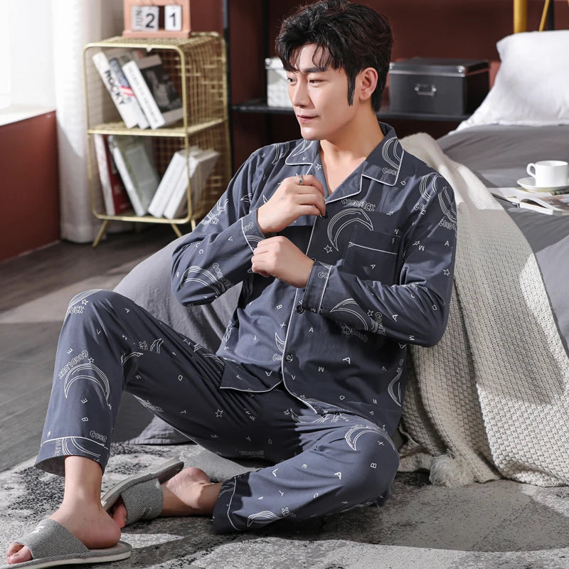High Quality Autumn Pajamas Mens Milk Silk Sleepwear Long Sleeve 2 Pieces Pajama Set Men Casual Style
