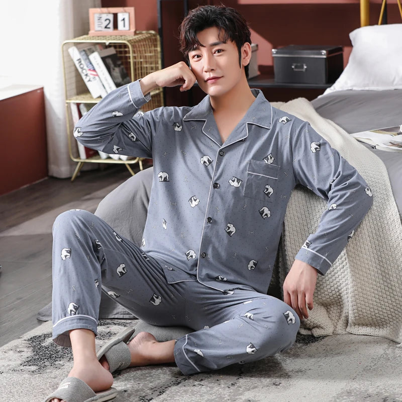 High Quality Autumn Pajamas Mens Milk Silk Sleepwear Long Sleeve 2 Pieces Pajama Set Men Casual Style