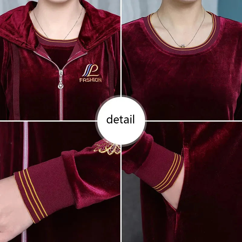 Women Velvet Tracksuit Embroidered Plus Size 3 Piece Outfit