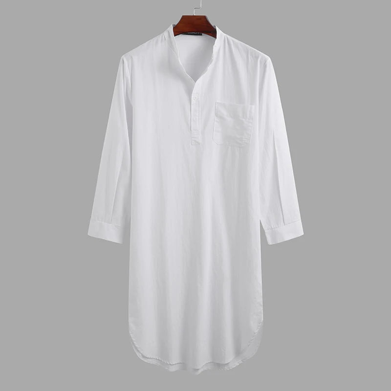 Men's Comfortable Cotton Button-down Sleep Robe Solid Color Stand Neck Long Sleeve Nightgown