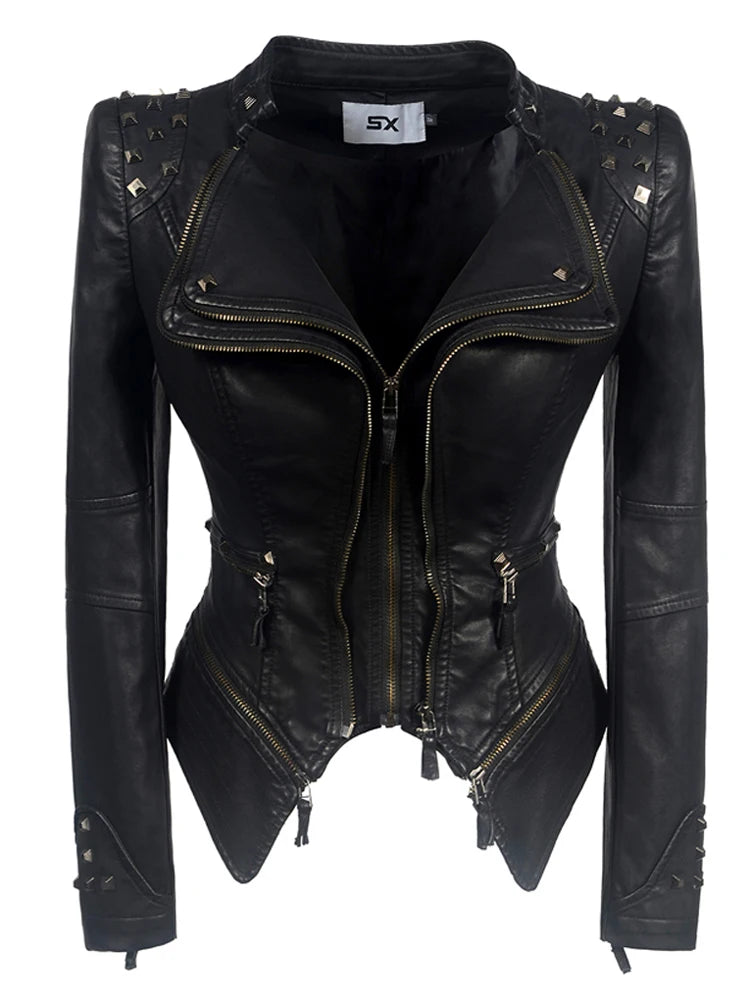 Fashion Women Smooth Motorcycle PU Leather Faux Jacket Long Sleeve