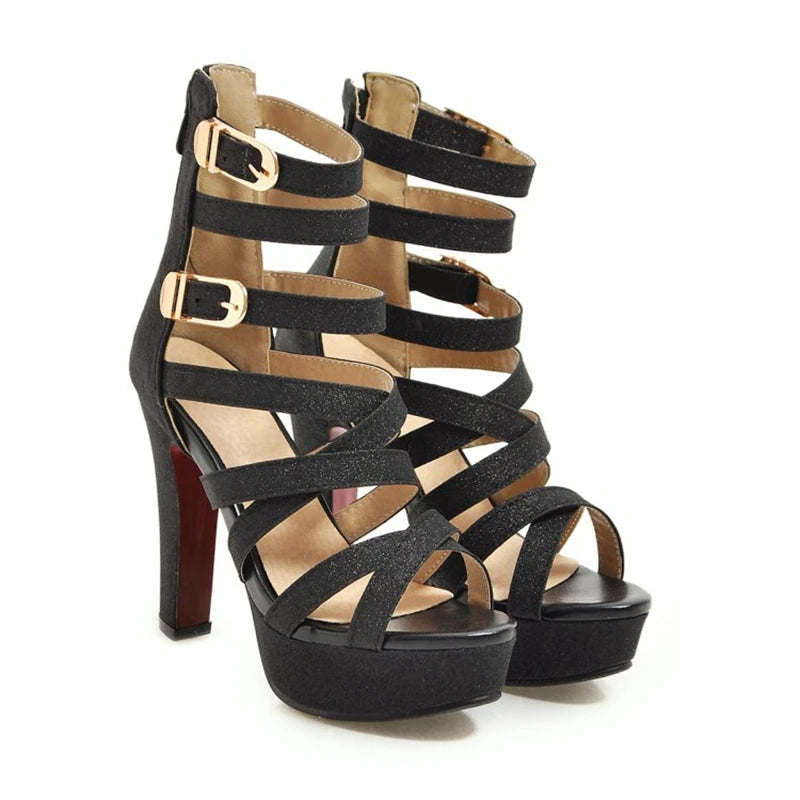 Plus Size 48 Women Sandals Pumps Fashion Peep Toe 12cm High Heels Sexy Back Zip Platform Sandals C-5