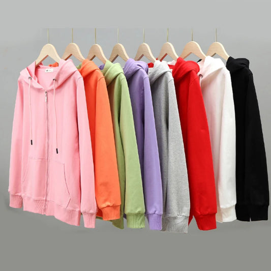 100% Cotton Women Hoodies Large Size Solid Zipper Casual Hooded Oversized Sweatshirt