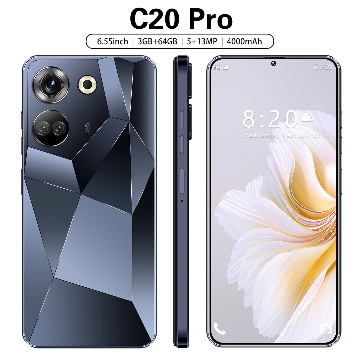 Brand New C20pro Version Android 14.0 HD Screen Dual SIM Card LTE Cellular 3G OTG Fingerprint Fast Charging 5g Smartphone
