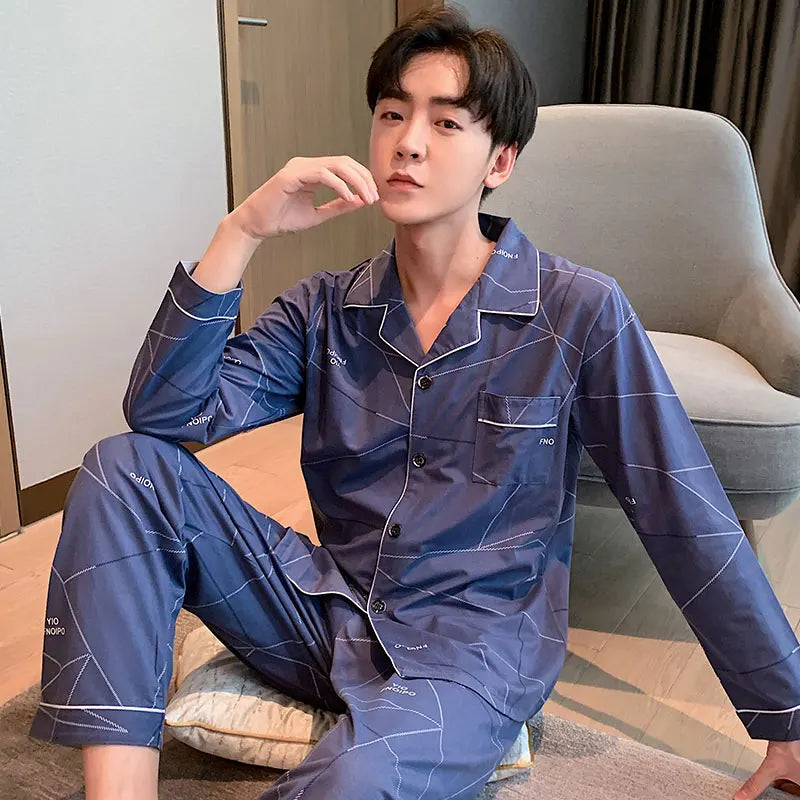High Quality Autumn Pajamas Mens Milk Silk Sleepwear Long Sleeve 2 Pieces Pajama Set Men Casual Style