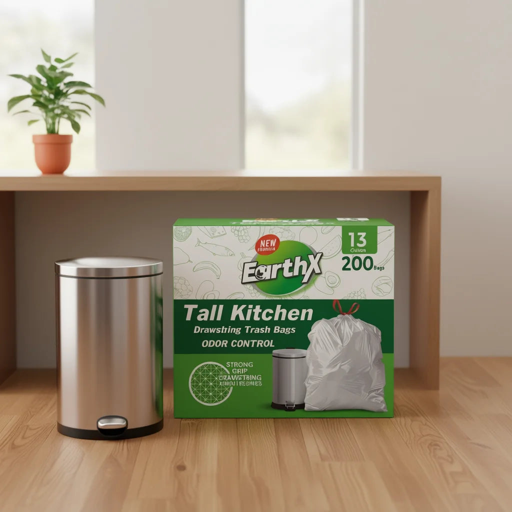 EarthX Tall Kitchen Drawstring Trash Bags 13 Gallon >200 Count Odor Control Food Waste LDPE Material Made in US