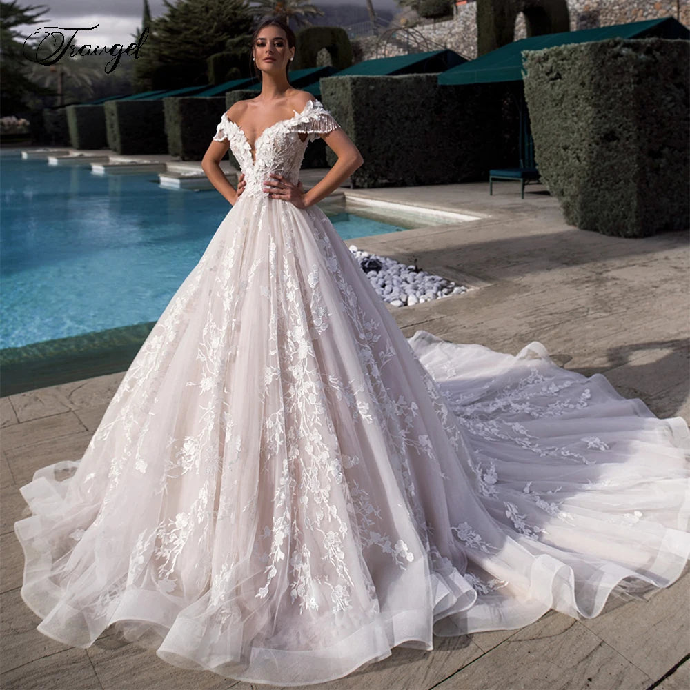 Customized Off The Shoulder A Line Lace Wedding Dresses Cathedral Train Plus Size