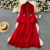 Spring Vintage Tunic Slim Casual Midi Dress For Women Lantern Sleeve Empire Lace Dress