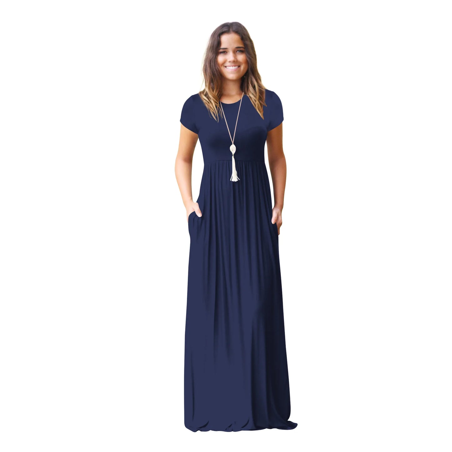 Women Summer Casual Plain Maxi Solid Dress Short Sleeve